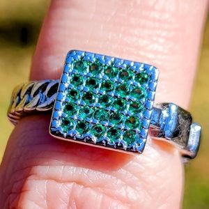 Retro Modern Square Emerald Green Gem 925 Silver Ring Adjustable Band